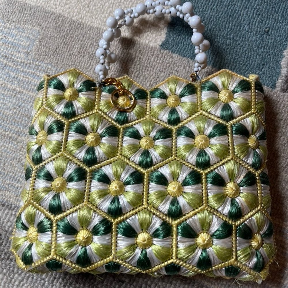Vintage 70's Pauline Denham Hexagon Straw Green, White, and Yellow Tote Bag